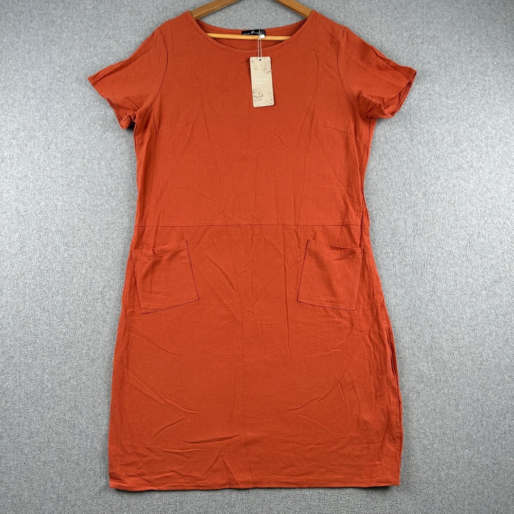 Emery Rose Dress Womens L Short Sleeve Burnt Orange Textured Cotton Pockets NEW